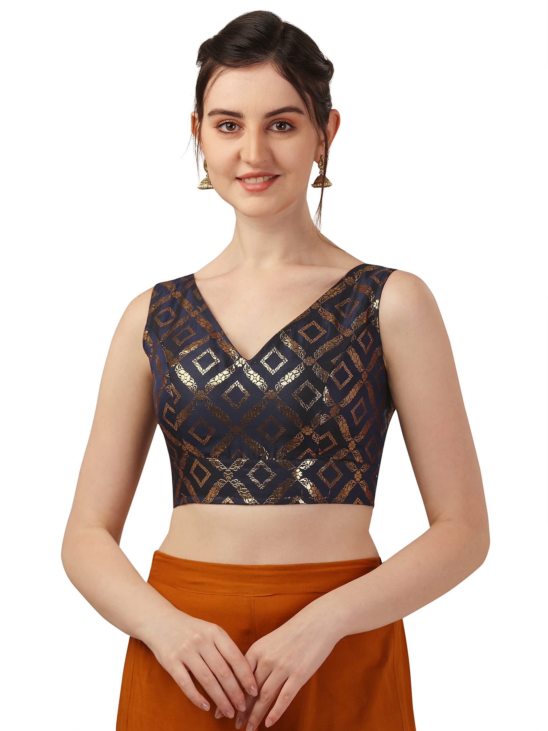 OOMPH! Womens Indian Ethnic Wear Designer Zari Work V Neck Sleeveless Midnight Blue Blouse for Saree or Lehnga and BlousePalazz