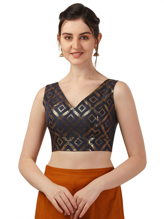 OOMPH! Womens Indian Ethnic Wear Designer Zari Work V Neck Sleeveless Midnight Blue Blouse for Saree or Lehnga and BlousePalazz