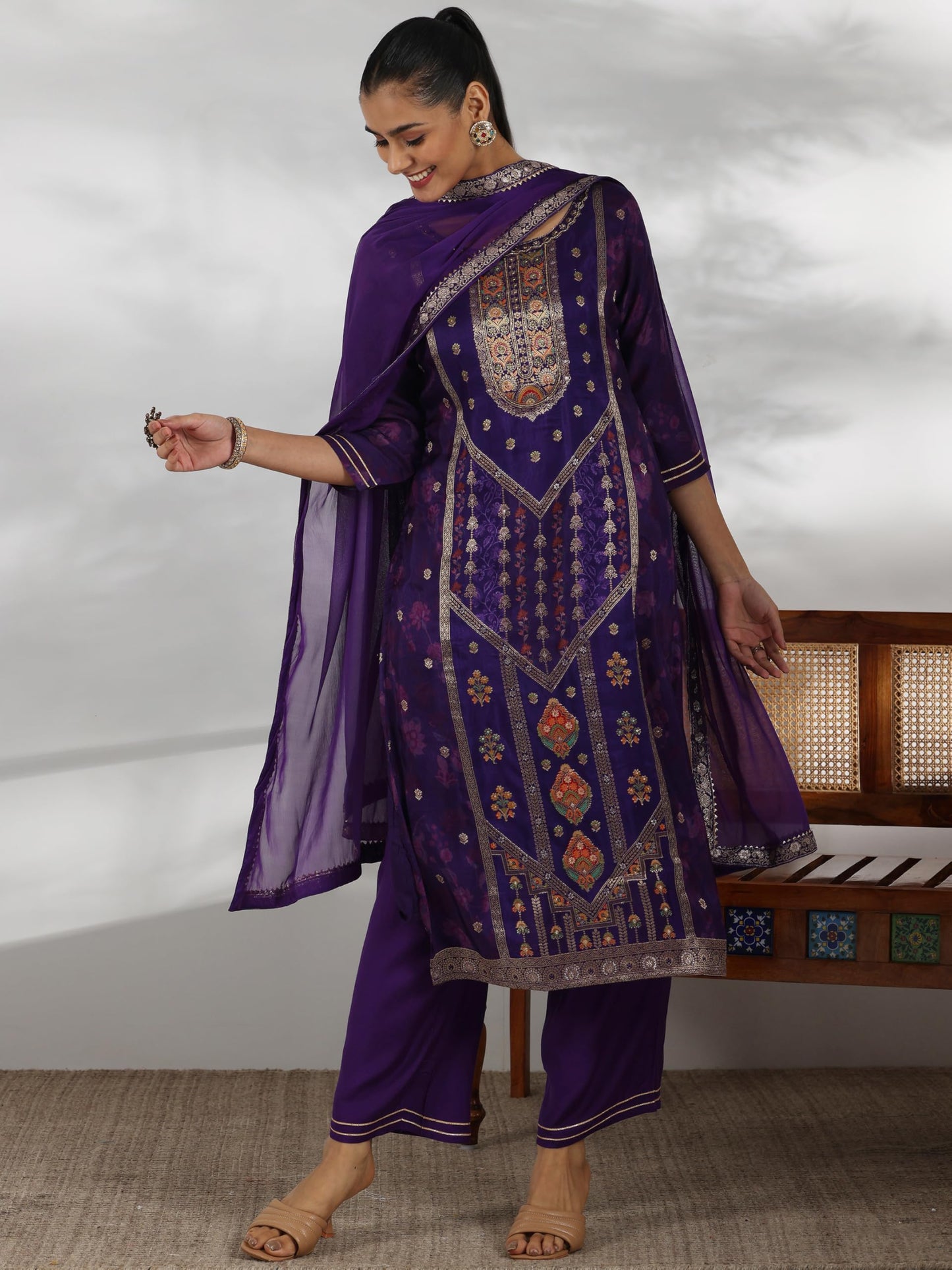 Libas WomenS Silk Blend Kurta Set (48656_Purple