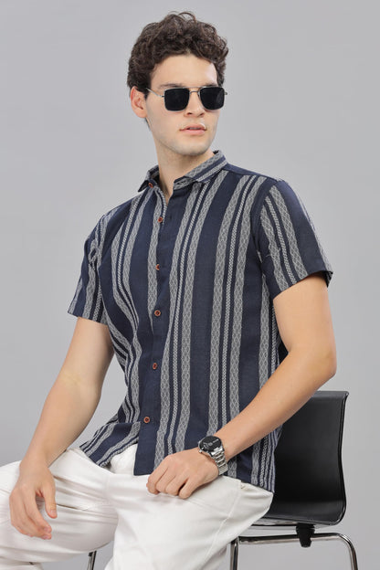 Mildin MenS Cotton Blend Striped Printed Shirt With Spread Collared Neck Half Sleeve Button Closure Regular Fit Straight Standa