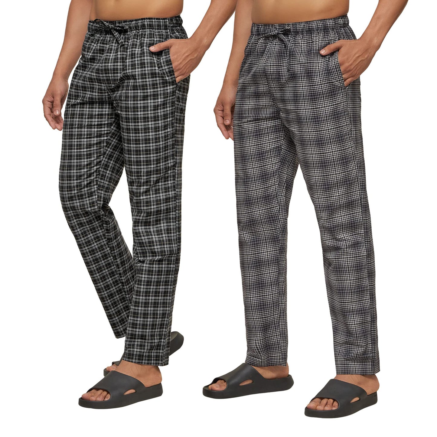 XYXX Mens Super Combed Cotton Checkered Checkmate Pyjamas [Pack of 2] Elasticated Waist, Drawstring | Loungewear for Men in Bla