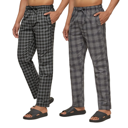 XYXX Mens Super Combed Cotton Checkered Checkmate Pyjamas [Pack of 2] Elasticated Waist, Drawstring | Loungewear for Men in Bla