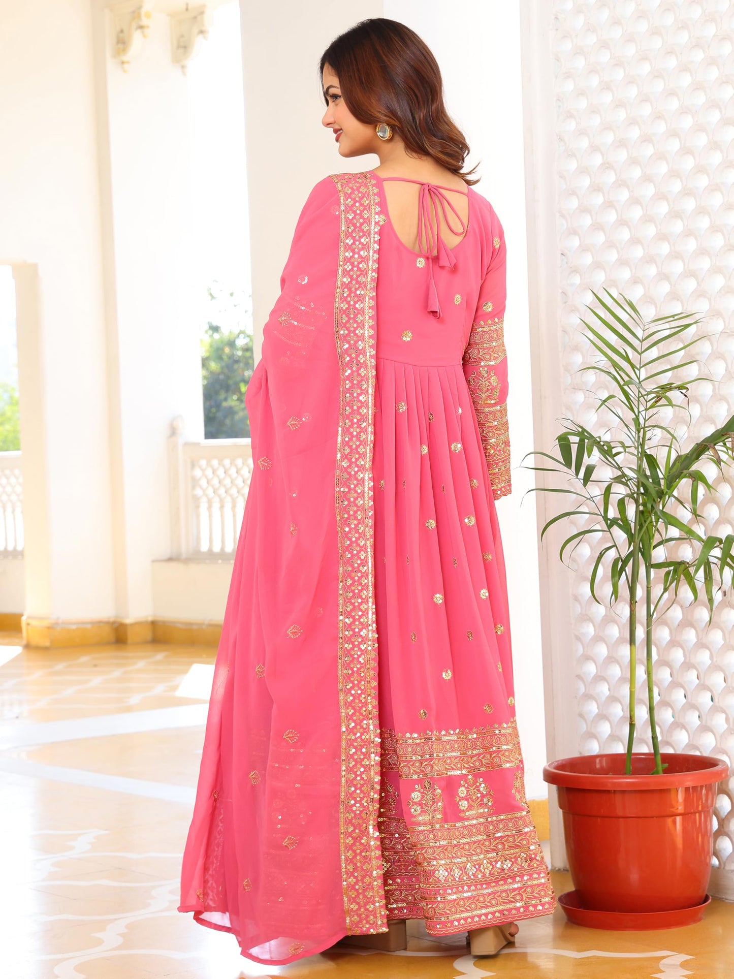 Fashion Basket Georegtte Anarkali Long Dress For Women Pink