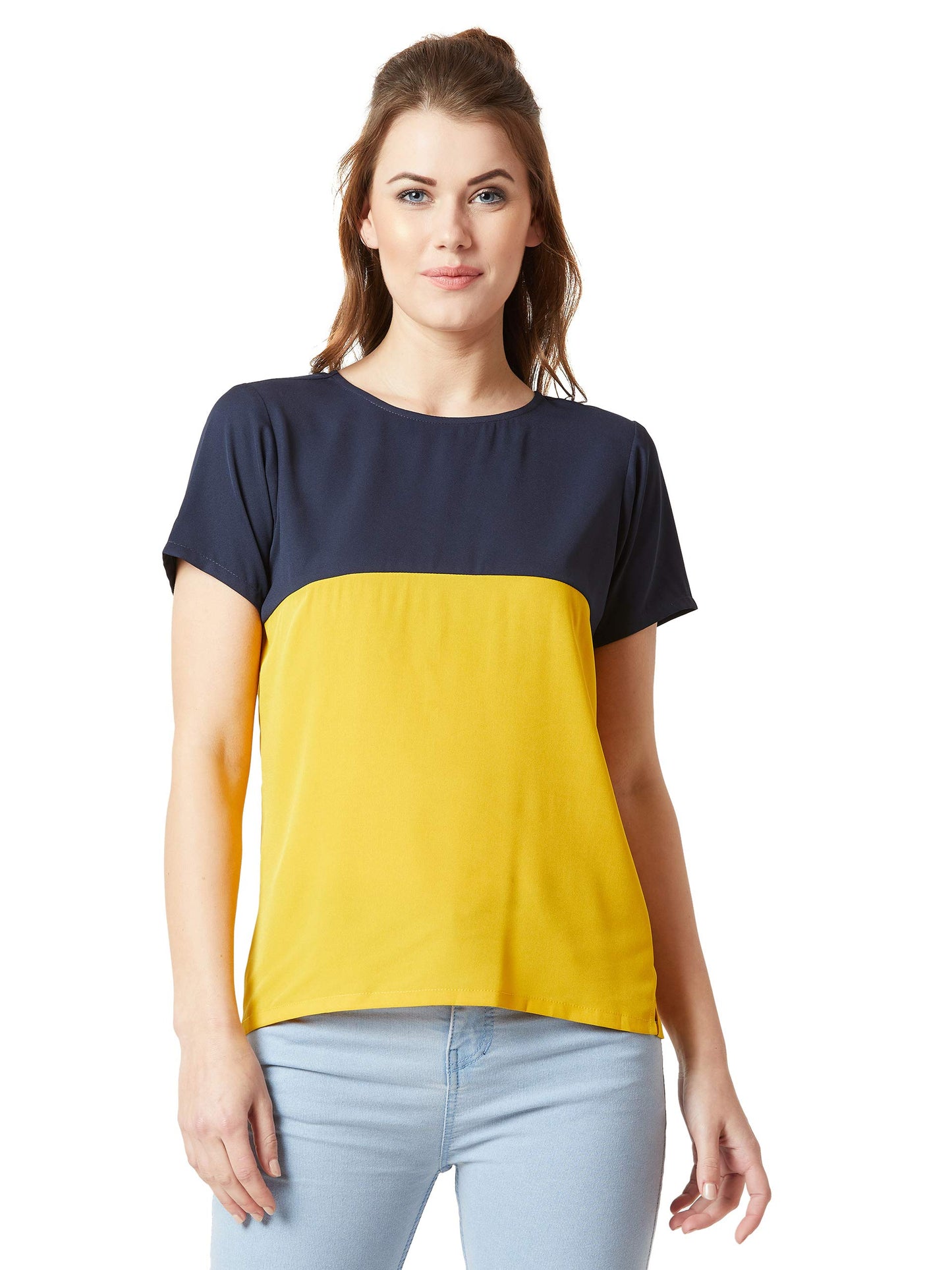 Miss Chase WomenS Navy Blue And Yellow Round Neck Boxy Top (Mcss19Tp12-08-178-05, Multicolor, Large)