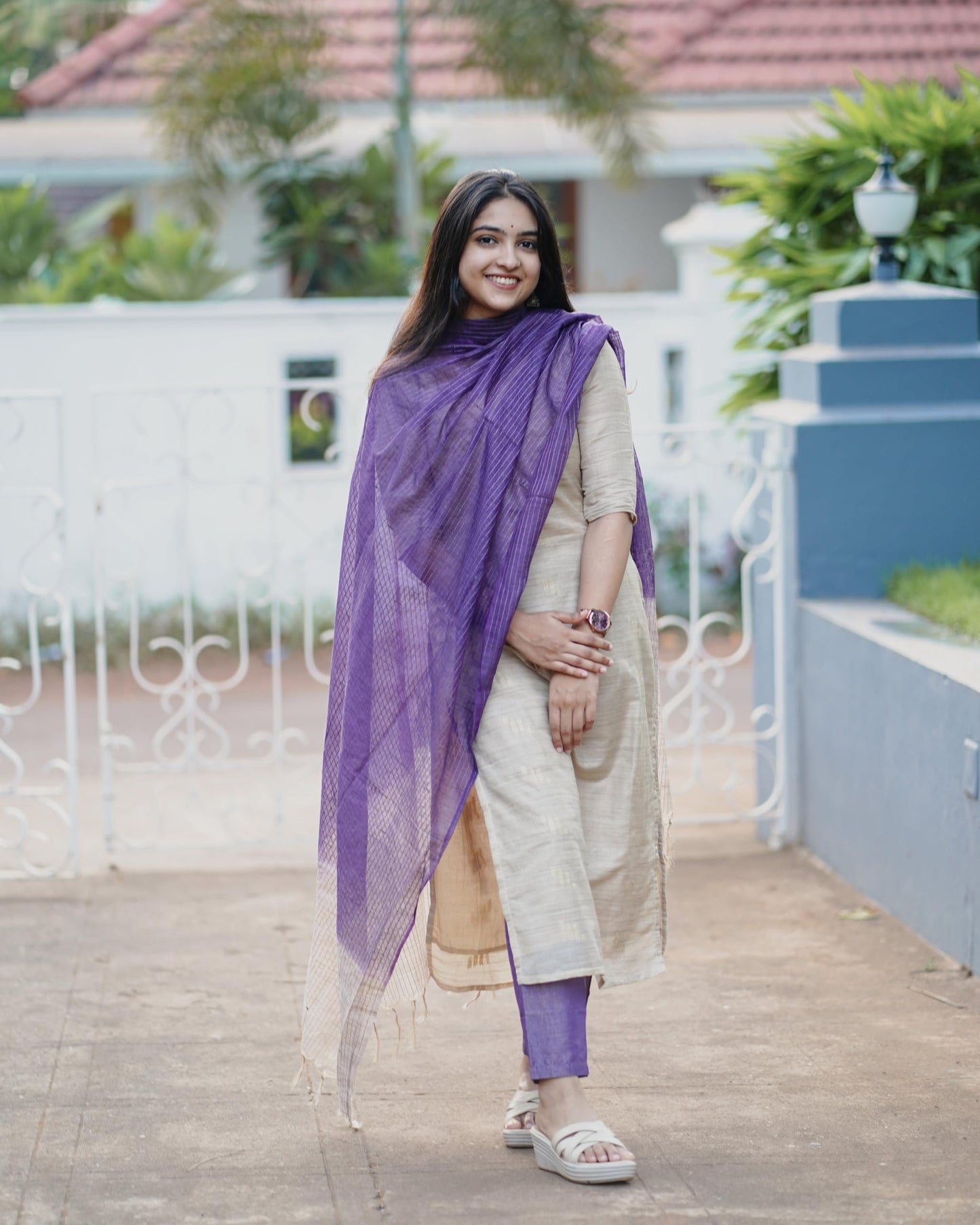 GoSriKi Women's Rayon Blend Straight Kurta with Pant & Dupatta, Small, Beige, Model GOJALA BEIGE-GS