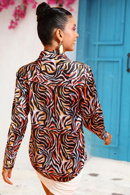 POPWINGS Printed Full-Sleeves Regular-Fit Satin Printed Shirt for Women Stylish Western Casual Wear