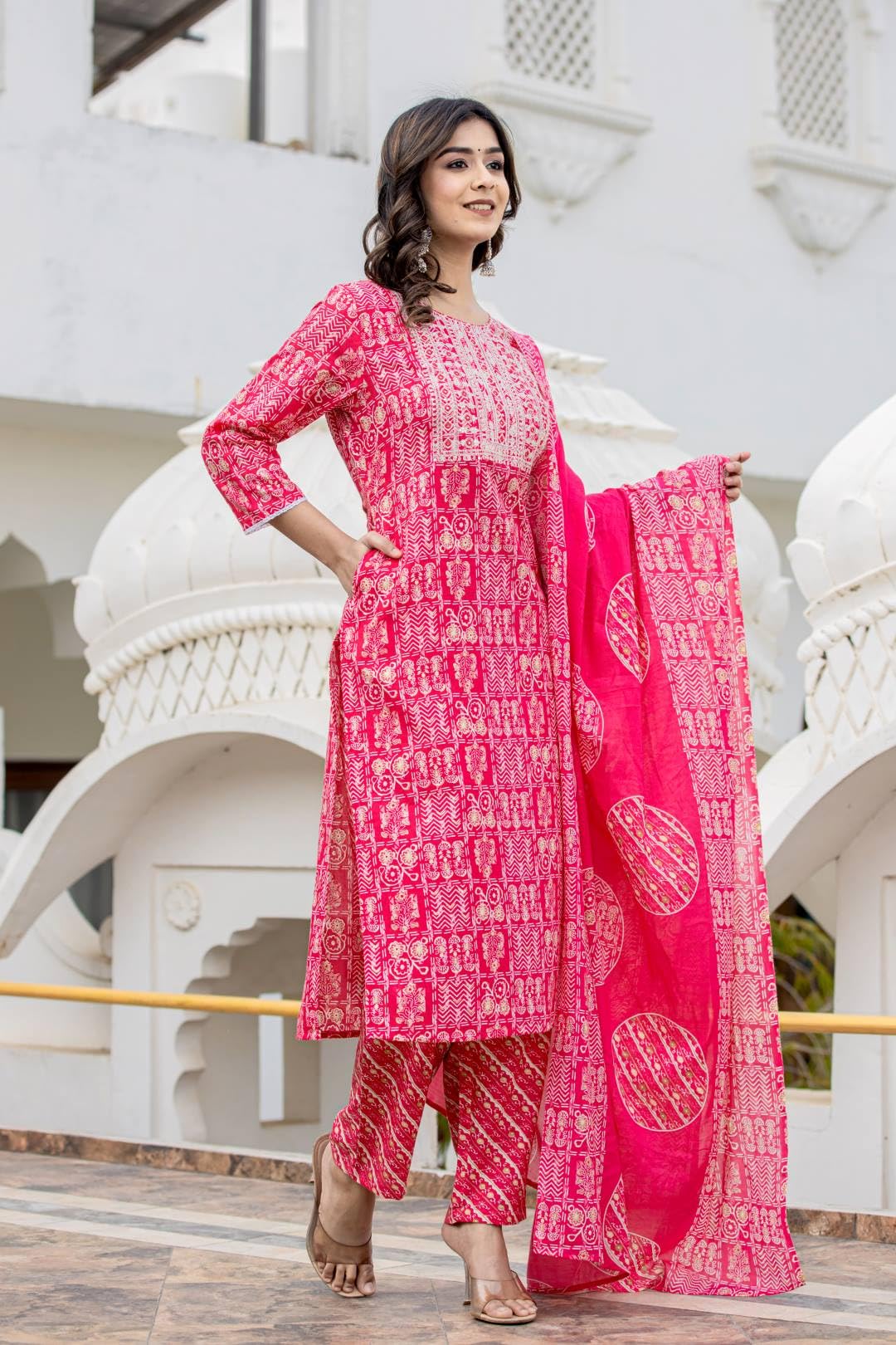 Varanga Women Pink Round Neck Embroidered Kurta Paired with Bottom and Printed Dupatta