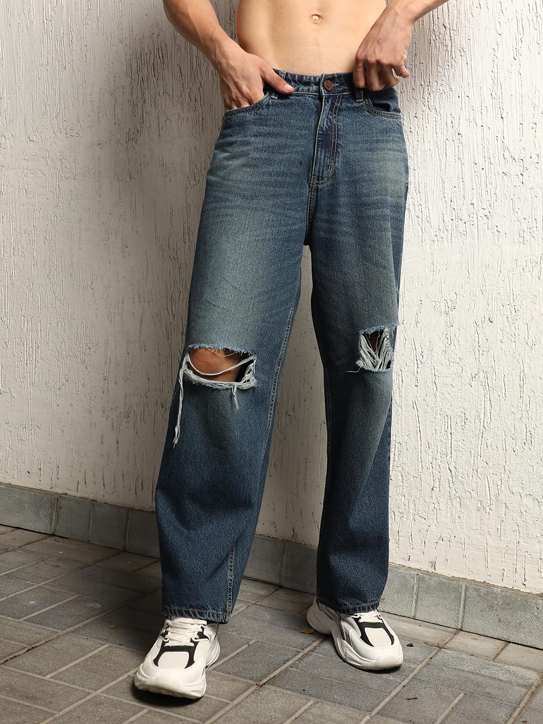 Hubberholme Men Summer Cotton Wide Leg Mid-Rise Jeans 15 Blue
