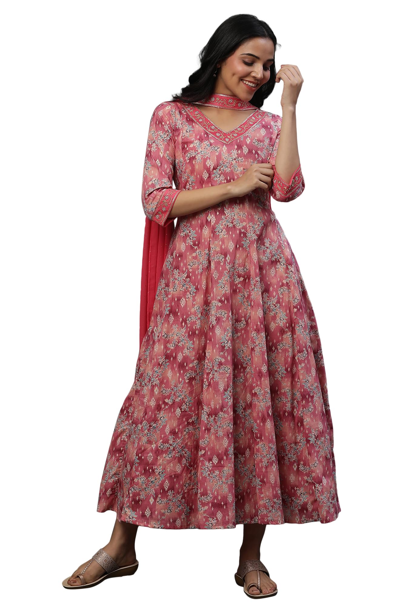 Pink Floral Printed Anarkali Dress with Choker Dupatta (Size: XS)-23AUAS14581-507288