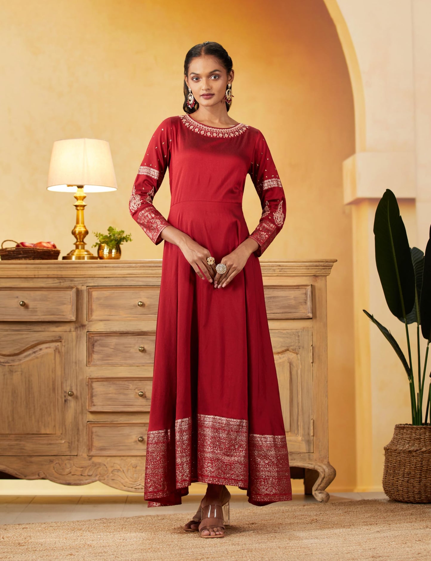 W for Woman Womens Viscose Maroon Embroidered Festive Gown Ankle Length Dress (22AUW18361-217627