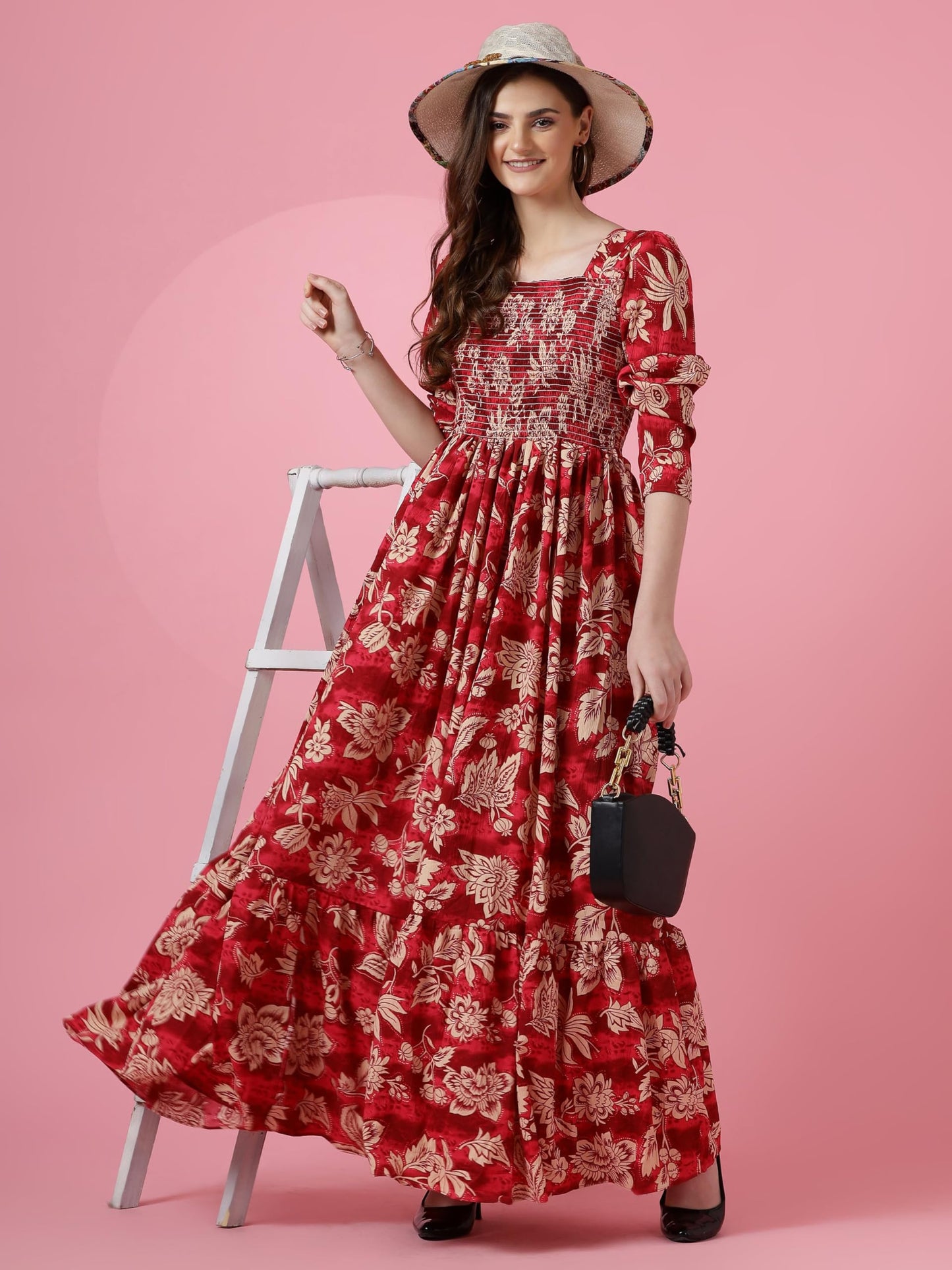 Sheetal Associates Womens Maxi Floral Print Crepe Regular Sleeves Casual Dress Red