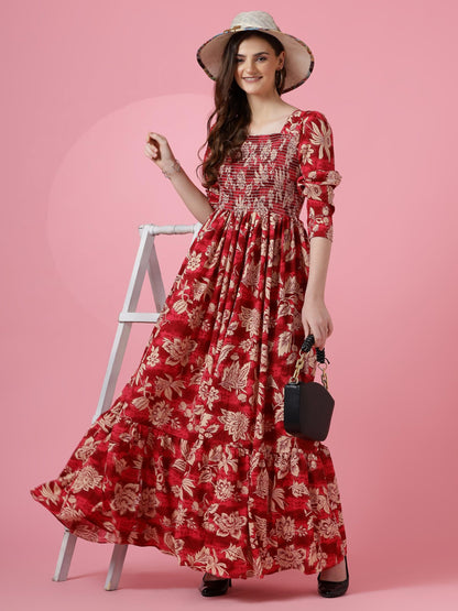Sheetal Associates Womens Maxi Floral Print Crepe Regular Sleeves Casual Dress Red
