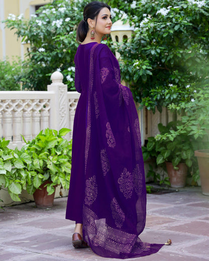 Gosriki WomenS Cotton Blend Solid Anarkali Kurta With Pant & Dupatta (Magic-Violet-Gs_Xxl_Violet_Xx-Large)
