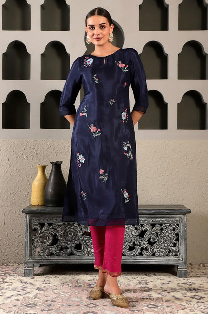 W Navy Blue Embroidered Straight Long Kurta For Women