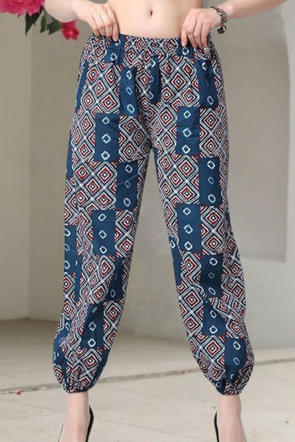 POPWINGS Casual Bagru Printed Cotton Joggers for Women - Latest Stylish Western Summer Pants in Navy Blue