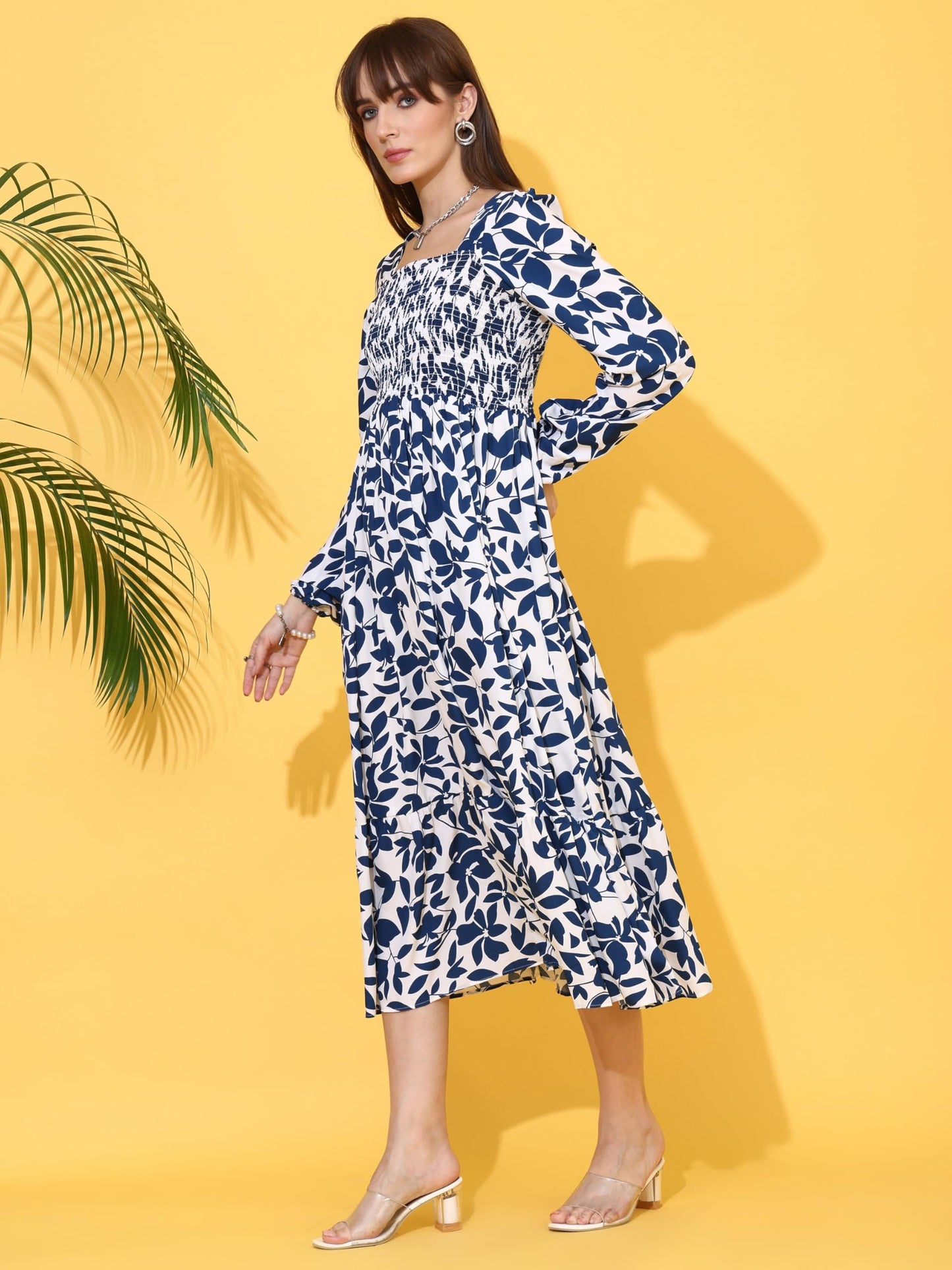 Sheetal Associates WomenS Crepe Fabric Frock Dress With Long Puff Sleeves Collared Neck Printed Pattern And Calf Length Pull On