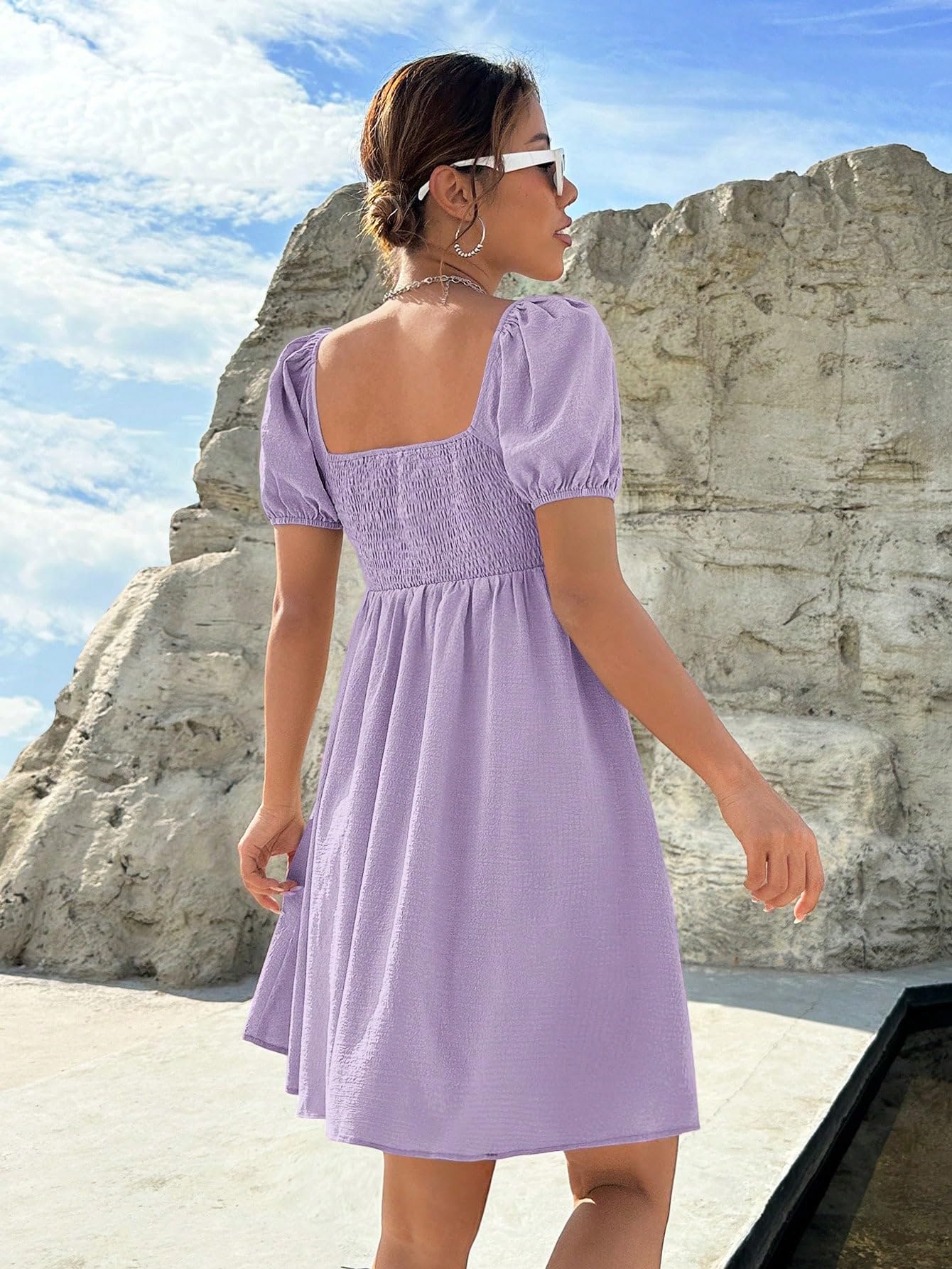 Shasmi WomenS & GirlS Dress For Women L One Piece Dress For Women L Beach Dress For Women, Solid Textured Puff Sleeve Square N