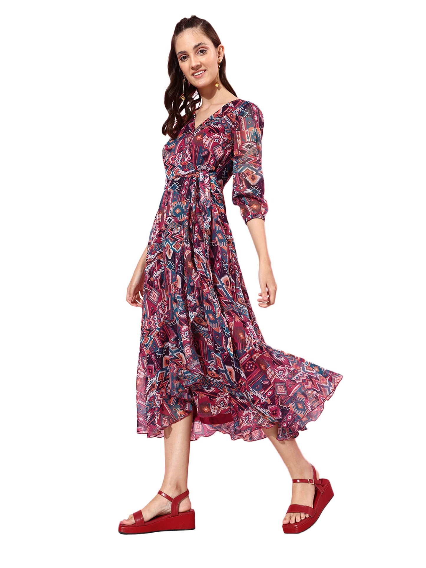 Miss Chase WomenS Multicolored V-Neck Three-Quarter Sleeves Geometric Patterned Wrap Midi Chiffon Dress (Mcaw21D14-94-224-06, M