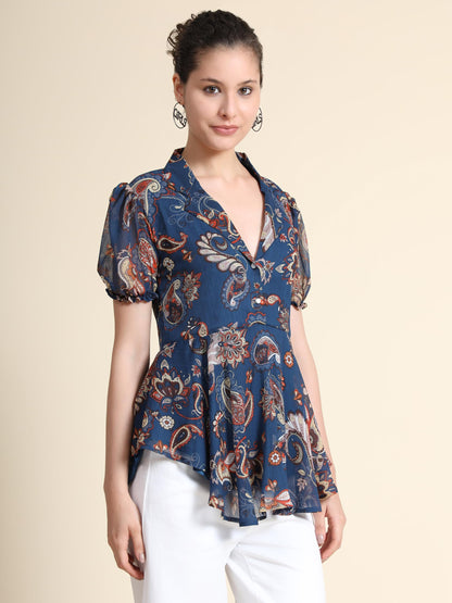Toochki Navy Blue Georgette Paisley Flared Printed high Low Style Western Summer wear top for Womens in Latest Trending Style G