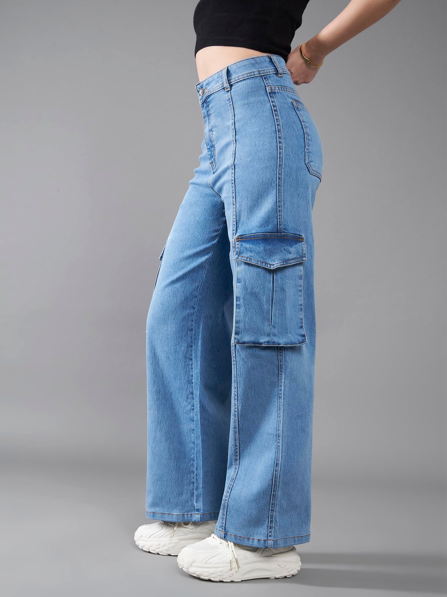 Dolce Crudo Womens Wide Leg High Rise Clean Look Regular Length Stretchable Patch Pocketed Denim Jeans (DOSS24DEN67-05-115-26,