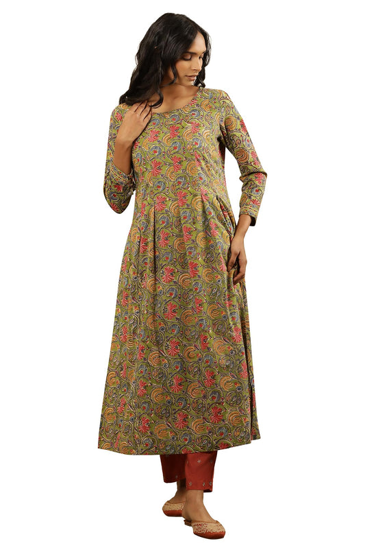 W for Woman Folksong by W Women Green Floral Print Cotton Flared Kurta