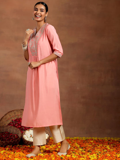 Libas WomenS Silk Straight Kurta (G2745_Peach