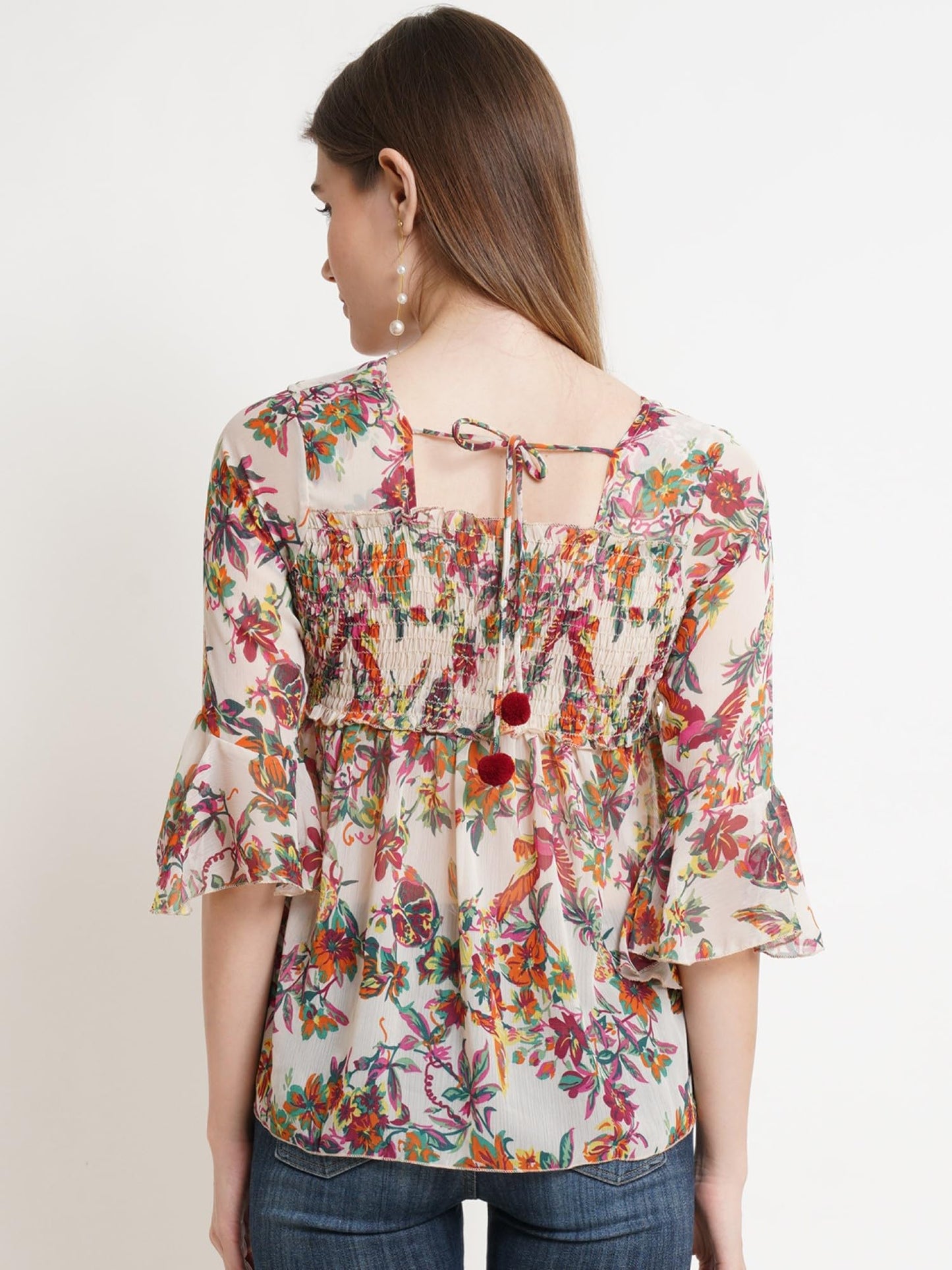 POPWINGS Printed Chiffon Peplum Tops for Women || 3/4th Sleeves Square Neck Women Tops for Summer || Stylish Western Smocking Wo