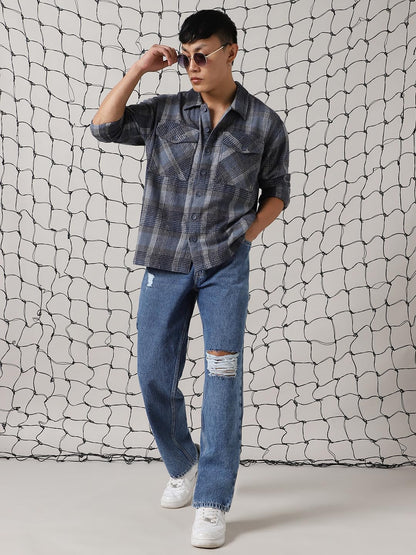 Hubberholme Men Cotton Check Oversized Fit Spread Collar Long Sleeves Shirts
