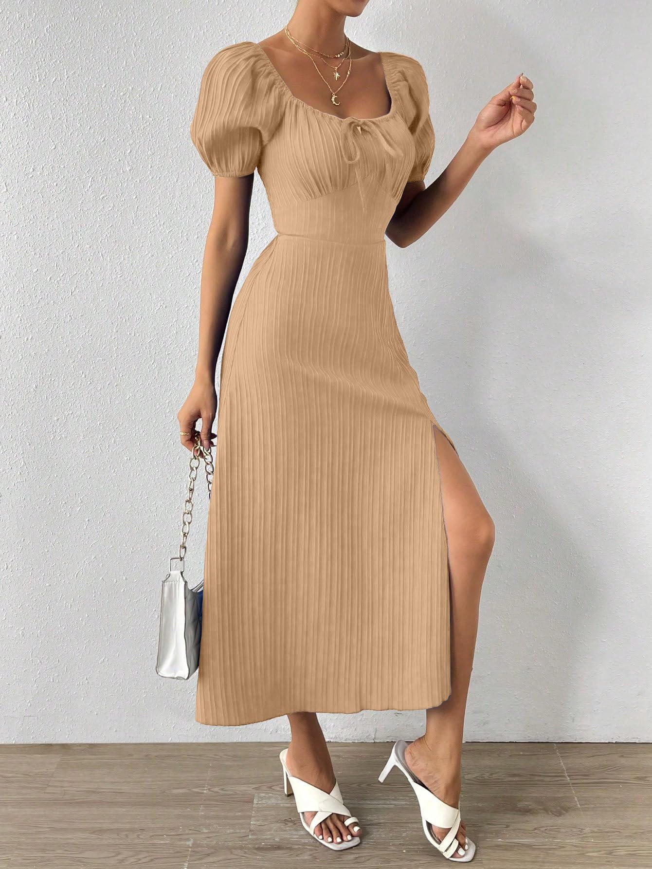 Shasmi Womens & Girls Beige Tie Front Split Thigh Milkmaid Maxi Dress  Square Neck Puff Sleeve A-Line Long Dress, Elegant Casu