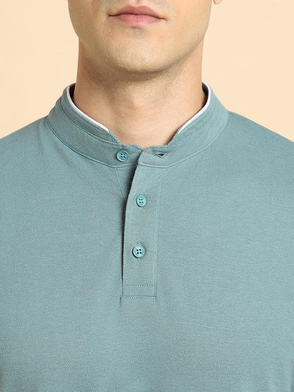 Dennis Lingo MenS Cotton Sea Green Solid Stand Collar T-Shirt