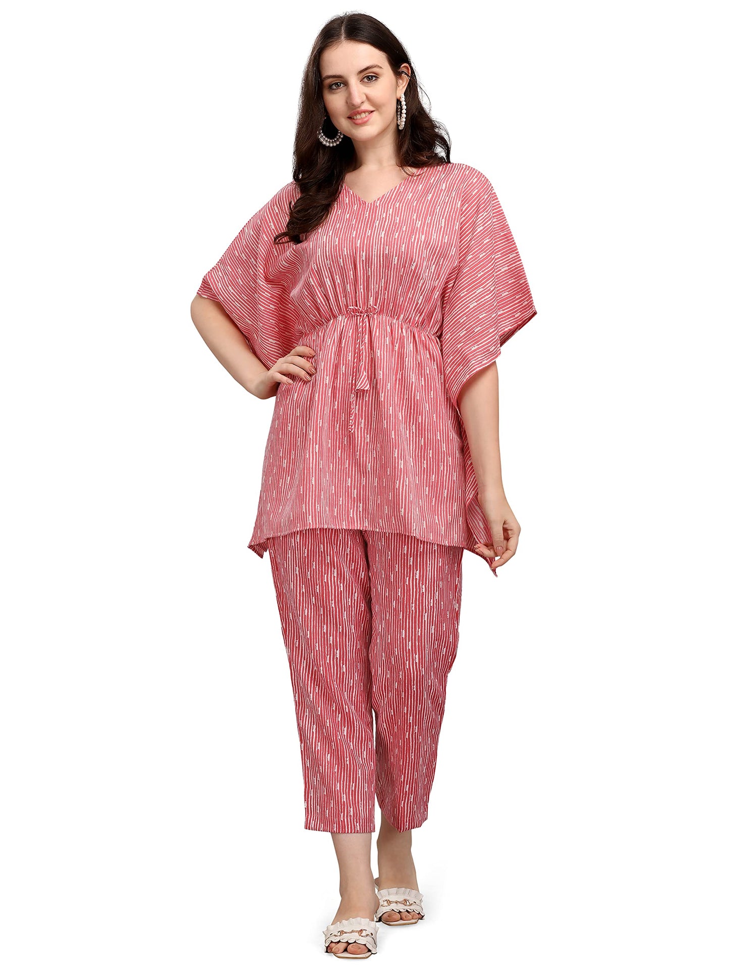 NAINVISH Womens Cotton Blend Straight V-Neck Printed Kaftan Top with Pant (SD228_KB-M_Pink)