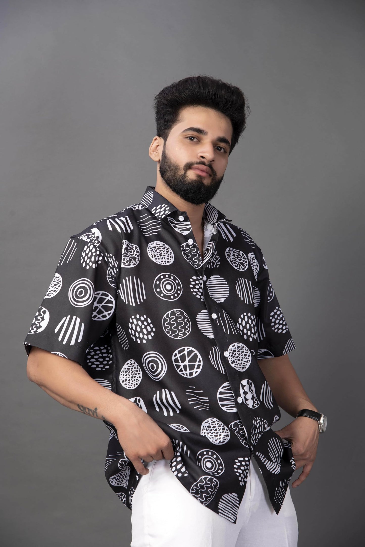Brown Culture MenS Cotton Blend Abstract Print Shirt With Spread Collared Half Sleeves Standard Length And Button Down Closure