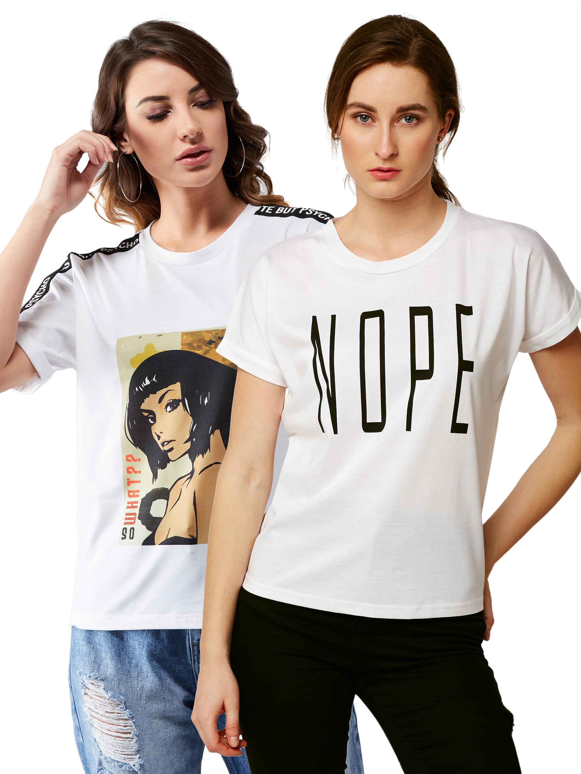 Miss Chase WomenS Cotton Knitted Regular Length Round Neck Basic Printed Pack Of Two T-Shirt. (Mcss20Co04-35-82-02, White, Xs)