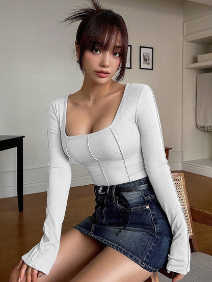 Sugathari Womens White Solid Long Sleeve Wrap-Style Square Split Crew Neck Bodycon Women T-Shirt Spring and Summer Top, Minimal