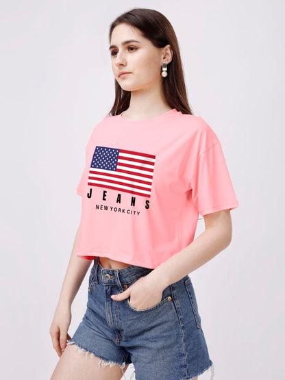 ELLITI Soft Rich Cotton Peach Half Sleeve | Round Neck | Oversized/Loose Fit | Down Solder | US Flage Print Crop Top for Women (