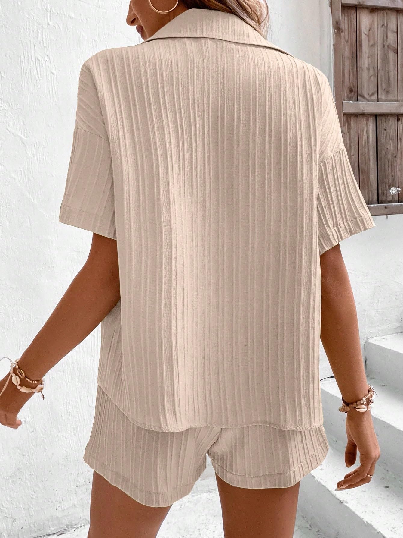 Shasmi Women & Girls Beige Solid Color Button Front Vacation Solid Texture Short Sleeve Loose Fit Drop Shoulder Pocket Shirt and