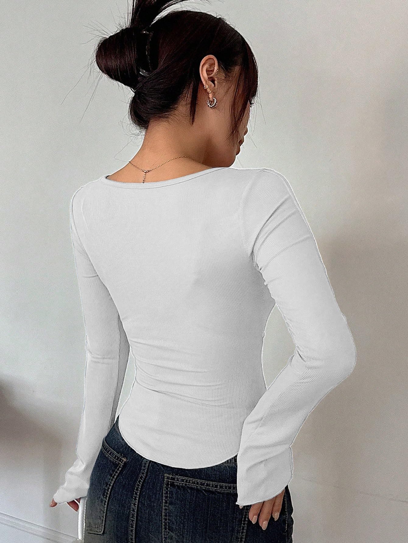Sugathari Womens White Solid Long Sleeve Wrap-Style Square Split Crew Neck Bodycon Women T-Shirt Spring and Summer Top, Minimal