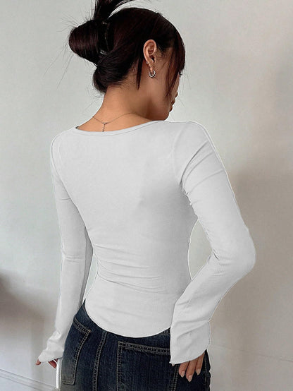 Sugathari Womens White Solid Long Sleeve Wrap-Style Square Split Crew Neck Bodycon Women T-Shirt Spring and Summer Top, Minimal