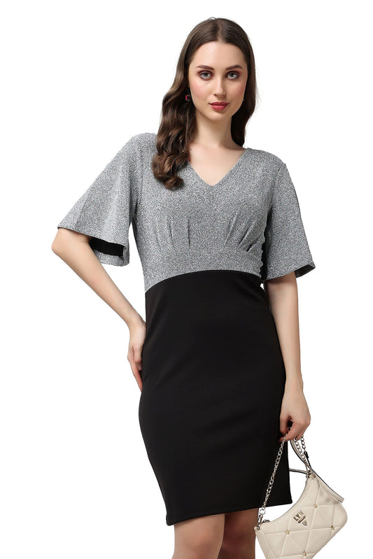 Popwings Casual Black And Grey Shimmer Solid Half Sleeves V-Neck Bodycon Dress For Women || Knee-Length Women Bodycon Dress For