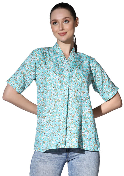 Greciilooks Western Top For Women - Woven Flower Printed Design & Split V Neck Short Stand Collar Top For Girls Suitable For Wor