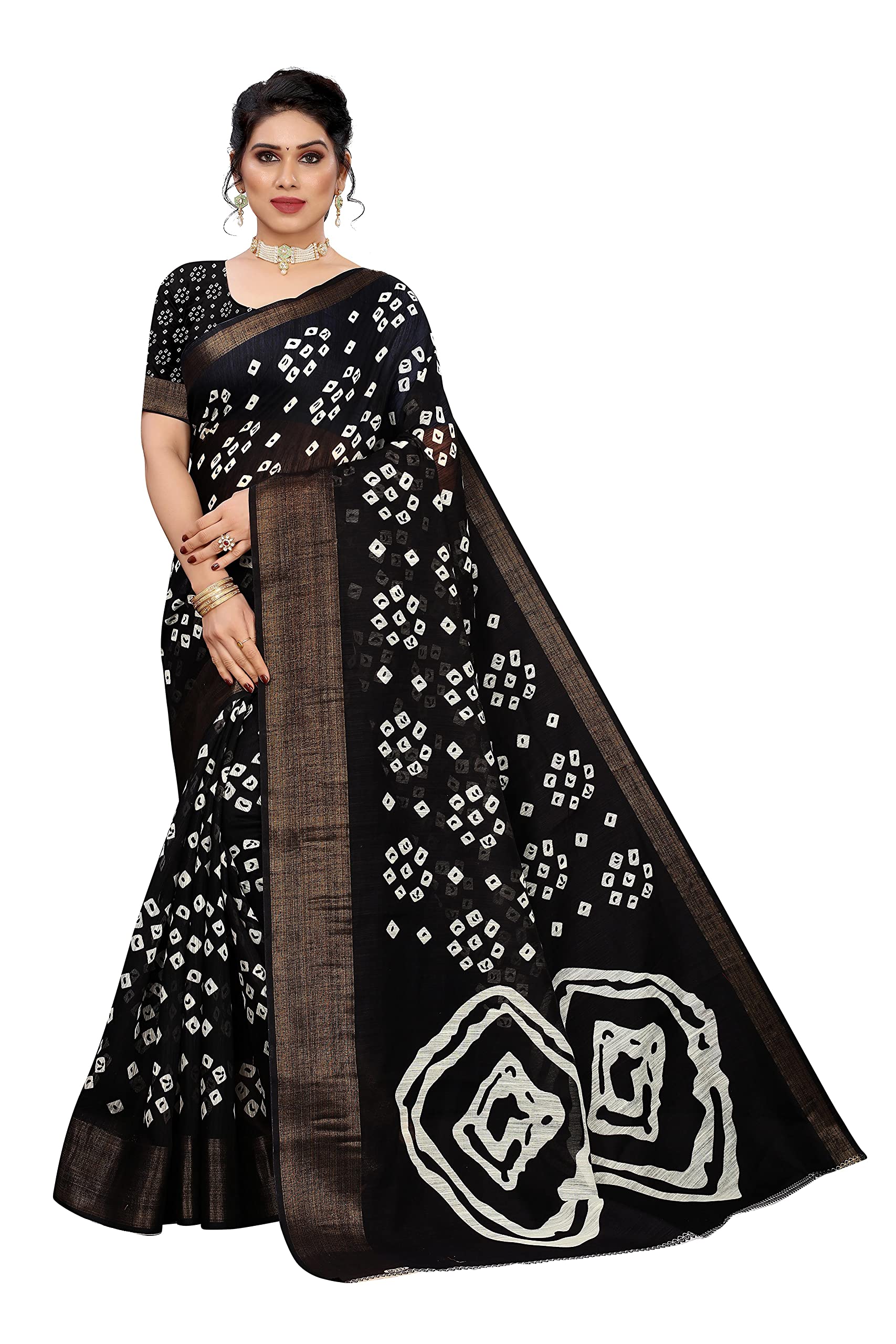 ANNI DESIGNER Womens Linen Cotton Printed Saree with Blouse Piece (FARHA BLACK_Black)