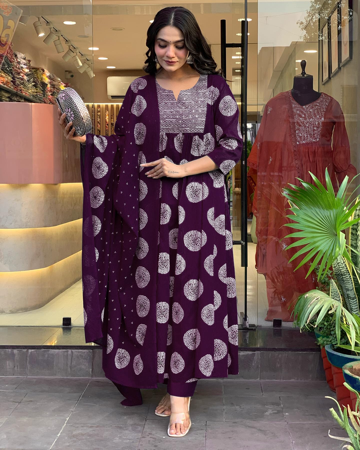 Toochki Dress For Women | Flared Dresses | Three Piece | Embroidered With Printed Work | Rayon Fabric | Wine | With Pant And Dup