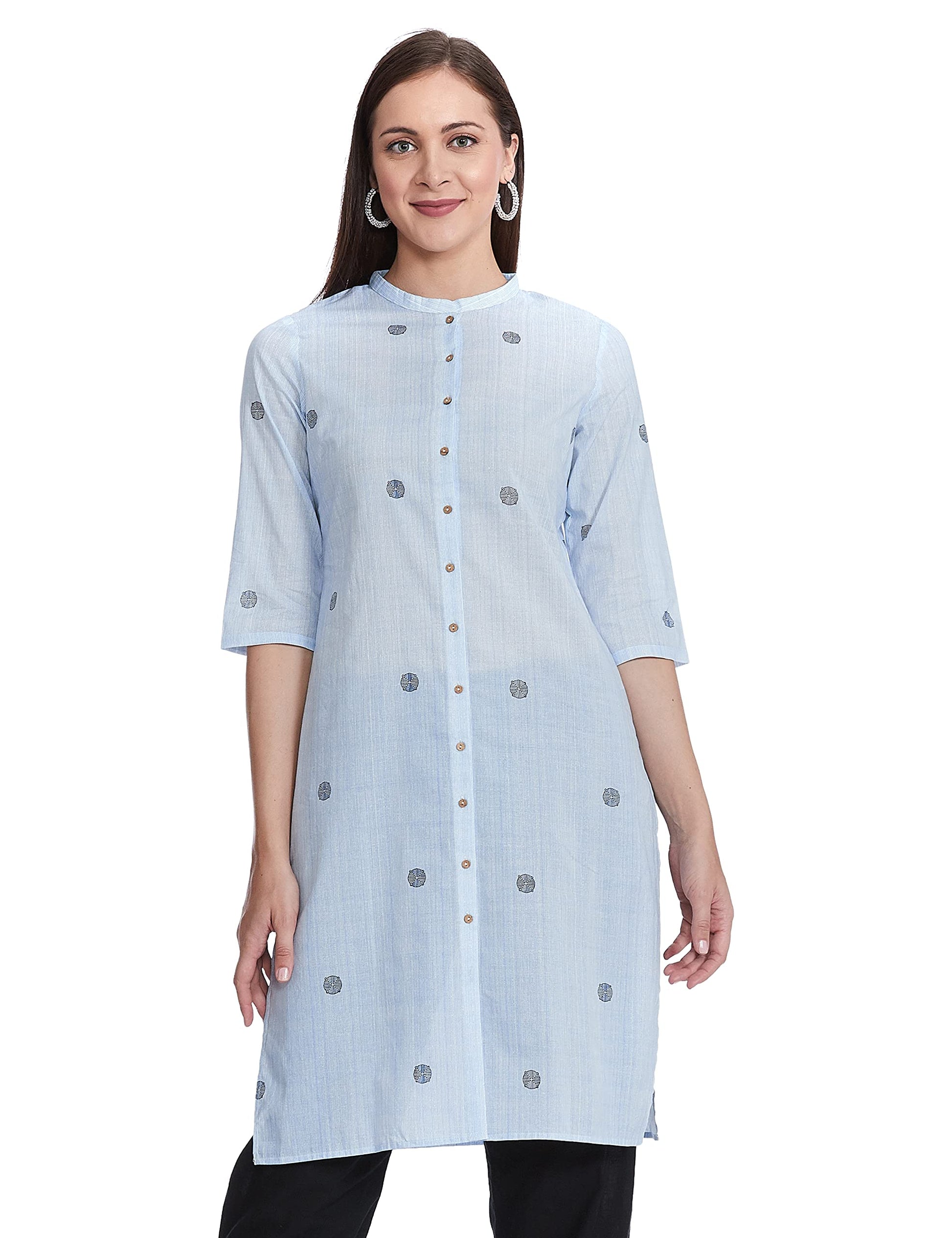 W Light Blue Cotton Polka Dot Regular Kurta For Women