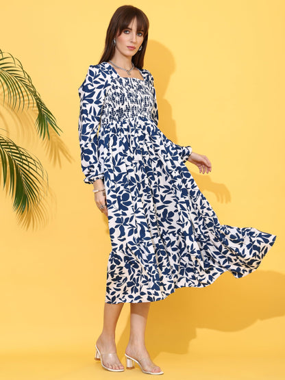 Sheetal Associates WomenS Crepe Fabric Frock Dress With Long Puff Sleeves Collared Neck Printed Pattern And Calf Length Pull On
