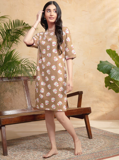 Nykd Women'S Cotton Printed Knee Length Night Dress Sleep Dress, Nys060, Milky Way Brown, S, 1N
