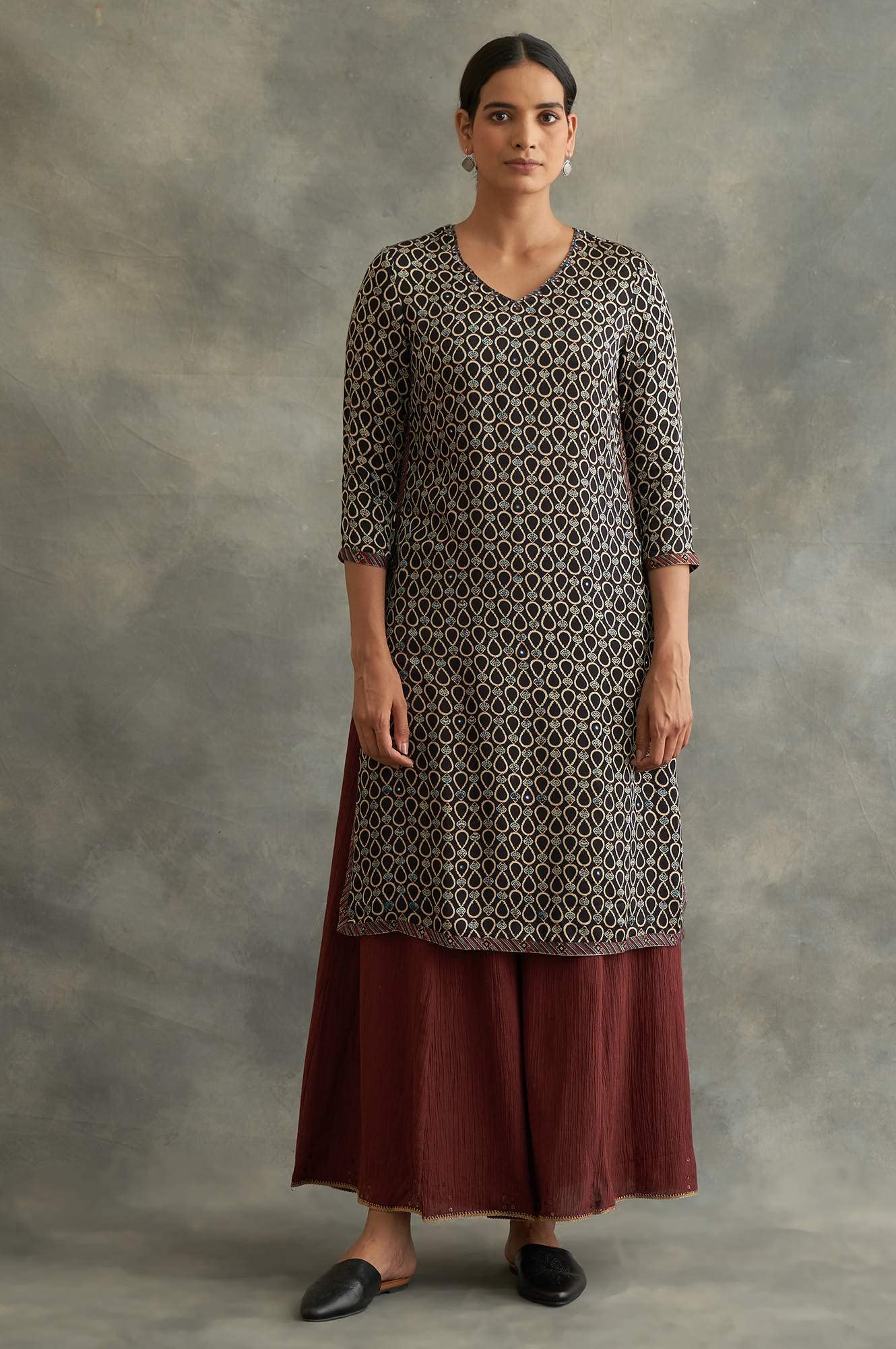W for Woman Ajrakh Print Lustrous Satin Viscose Kurta for Women
