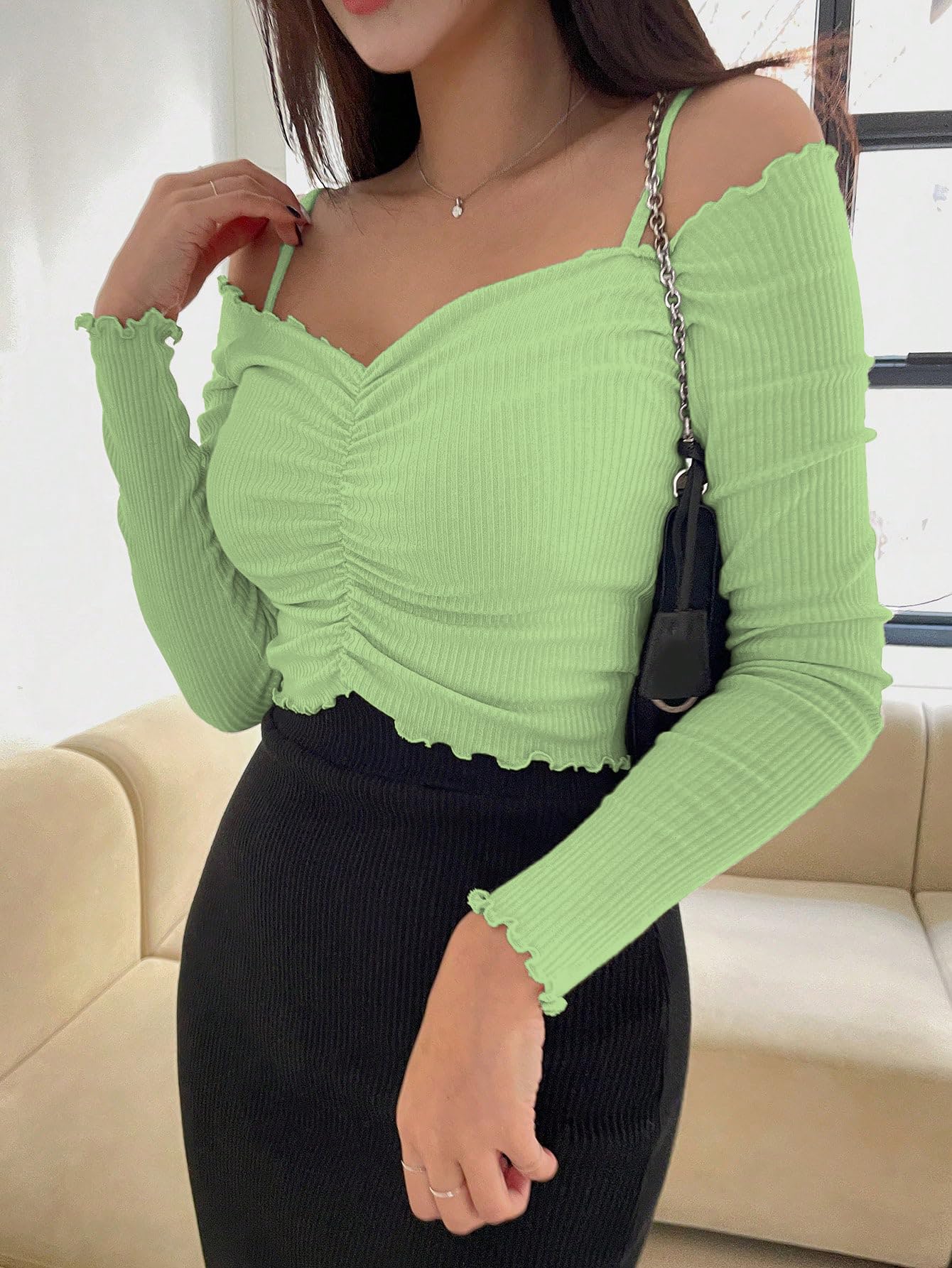 Sugathari Womens Green Solid Colour Open Cold Off Shoulder Long Sleeve Lettuce Hem Casual Autumn Trim Tight- Slim Fitting Ruche