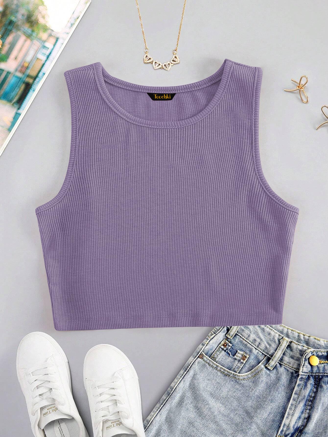 Toochki Tops for Woman | Spandex Top | Crop | Short | Western | for Jeans | Sleeveless | Stretchable | Purple