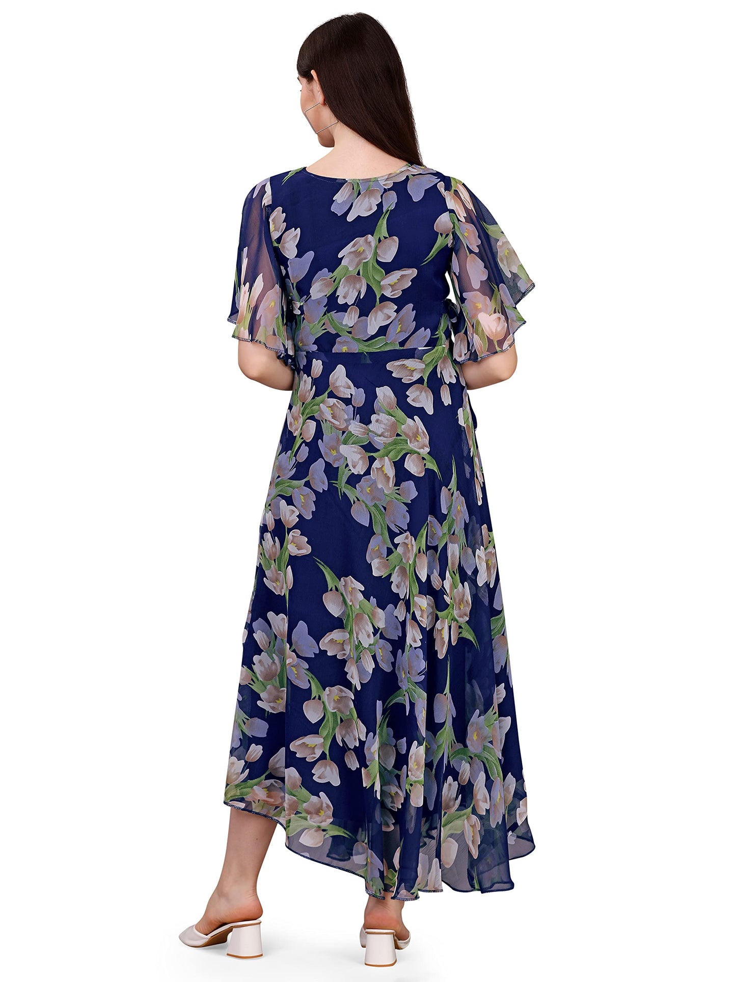 Trillmixa WomenS Georgette Floral Maxi-Length Dress(T_Flower) Blue