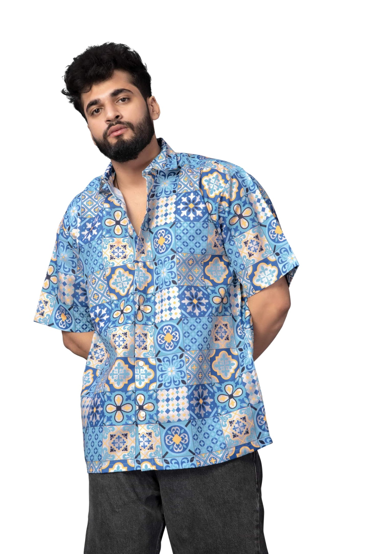 Brown Culture MenS Cotton Blend Abstract Print Shirt With Spread Collared Half Sleeves Standard Length And Button Down Closure